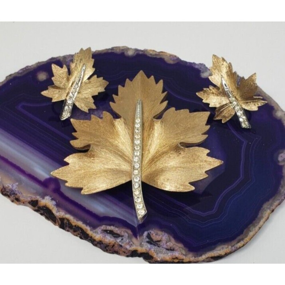 Vintage 1950's Marcel Boucher Gold Tone Rhinestone Maple Leaf Booch Earring Set